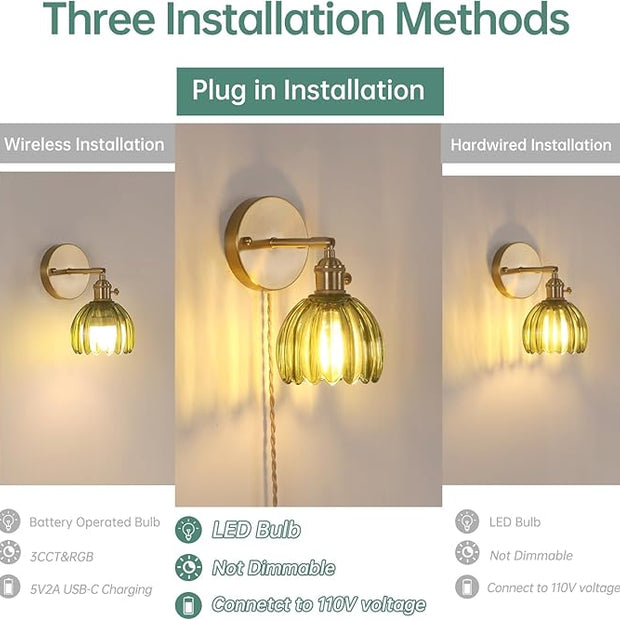 Plug in Wall Sconce, Green Tulip Glass Lampshade Wall Light Plugin Corded for Bedside Bedroom Doorway, 2 Pack
