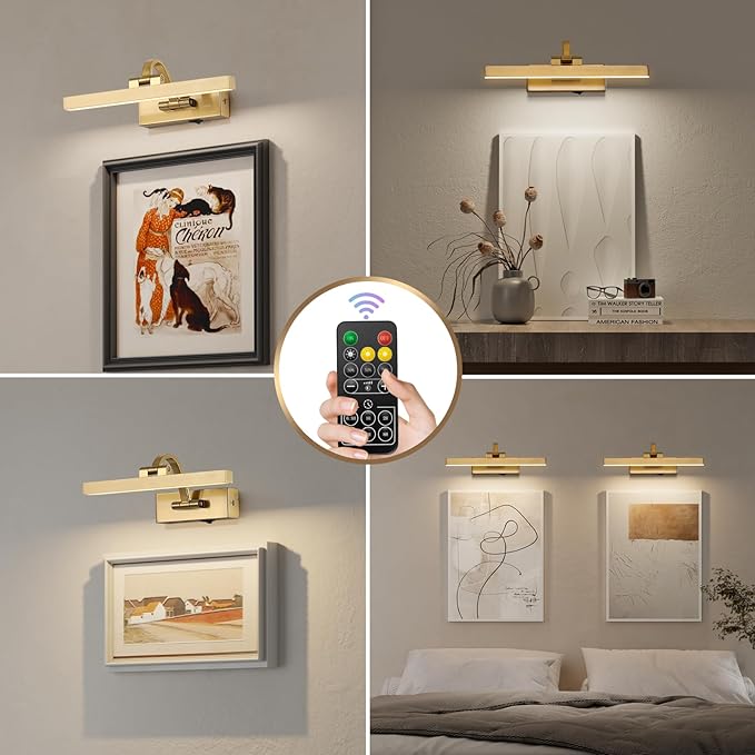 Picture Light with Remote 3 Colors Wireless Art Lights for Paintings,Rotatable Wall Sconce Rechargeable Battery Powered Painting Light,Dimmable Light Over Picture Frame for Gallery,Brass