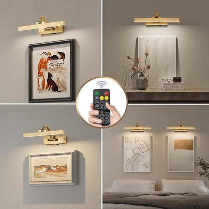 Picture Light with Remote 3 Colors Wireless Art Lights for Paintings,Rotatable Wall Sconce Rechargeable Battery Powered Painting Light,Dimmable Light Over Picture Frame for Gallery,Brass