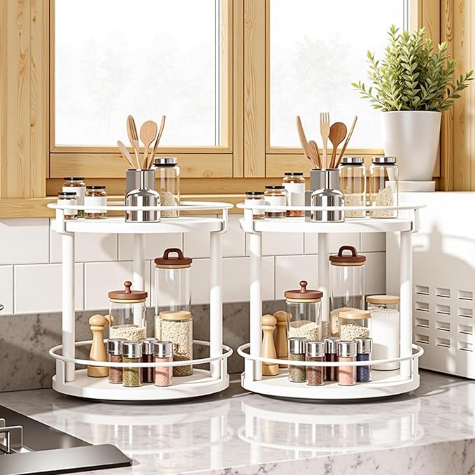 Spice Rack, Set of 2 Lazy Susan Organizer, 2-Tier Turntable Organizer For Cabinet, Compact and Versatile, for Kitchen Countertop, White SR22L2WW