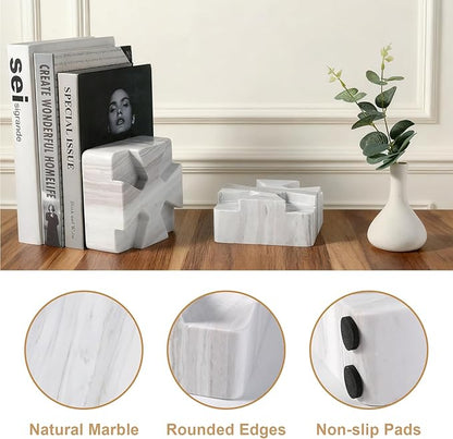 Decorative Square Marble Bookends for Heavy Books – Unique Book Ends for Shelves – Modern Aesthetic Book Holder/Stopper with Non-Slip Pads for Chic Home, Office, or Library Decor, Volakas