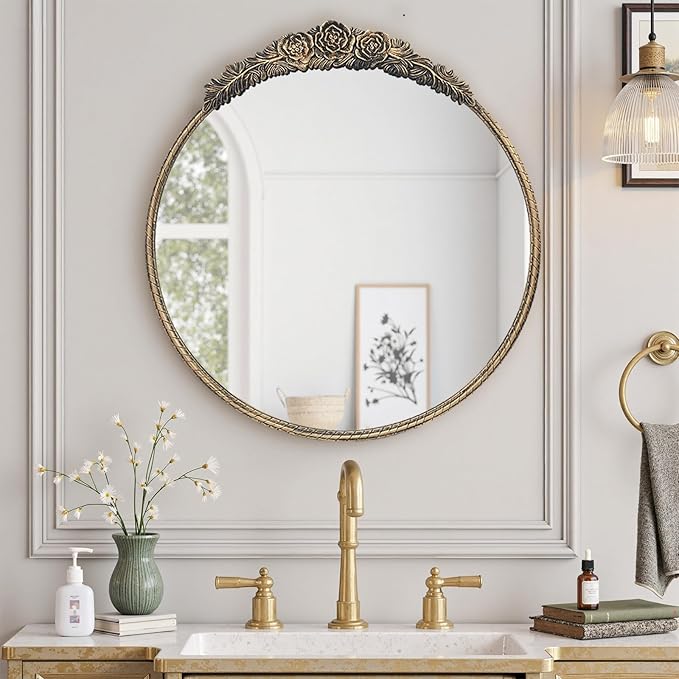 Growsun Round Wall Mirror with Vintage Black Floral Frame – 24 Inch Decorative Wall Mirror for Living Room, Bedroom, Entryway, Bathroom Vanity – Elegant Antique Accent Home Décor