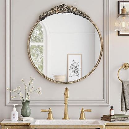 Growsun Round Wall Mirror with Vintage Black Floral Frame – 24 Inch Decorative Wall Mirror for Living Room, Bedroom, Entryway, Bathroom Vanity – Elegant Antique Accent Home Décor