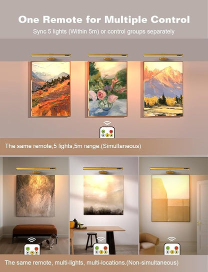 GOVSSING Picture Lights for Wall - 4000mAh Rechargeable Battery Wireless Picture Light with Remote, 3 Color Temps & Dimmable, 15.7” Rotatable Art Light, Memory & Timer Functions, Gold