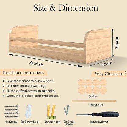 Floating Nursery Book Shelves, 16.5 inch Wall Book Shelves Kids Room, Set of 2 Baby Shelves for Nursery Décor, Ideal Wooden Nursery Shelves for Kids Room, Bedroom Bathroom and Kitchen (Natural Wood)
