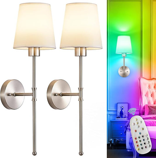 Depuley Battery Operated Wall Sconce: Set of 2 Wireless Wall Lights with Remote for Bedroom - 12 Colors Rechargeable Wall Lamp for Living Room Dining Room Hallway Bathroom Staircases - Nickel 24 Inch