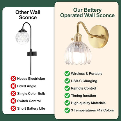 Vintage Battery Operated Wall Sconce Set of 2,Rechargeable Wall Sconces with RGB Dimmable Remote Control, Wireless Brass Transparent Glass Lampshade Fixtures for Bedroom Living Room