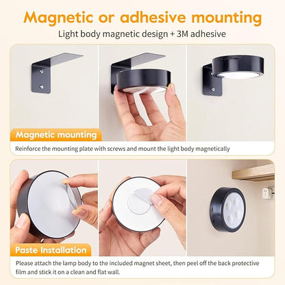 Brightown 3-Pack Picture Lights for Wall,Rechargeable Battery Operated Painting Light Magnetic Art Display Light with Remote, Puck Lights, Dimmable & Timer Art Lighting for Paintings Wireless,Black
