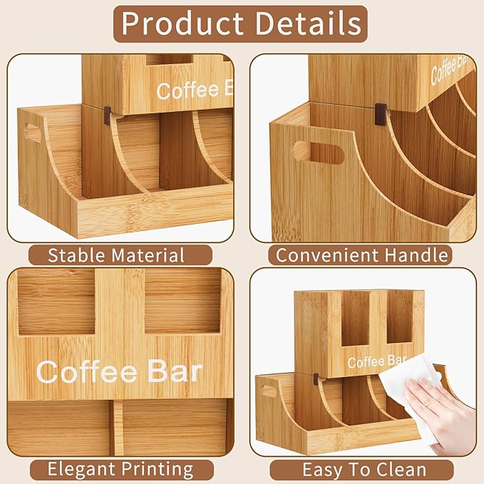 Coffee Station Organizer, Bamboo Coffee Bar Organizer for Countertop, Condiment and Cup Storage Organizer, Bar Accessories for Kitchen, Office, Home, Brown