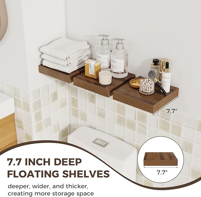Fun Memories Small Floating Shelves for Wall - 8 Inch Square Wall Shelves with Invisible Brackets, Walnut Shelves for Bathroom, Living Room, Bedroom, and Kitchen Decor, Set of 3