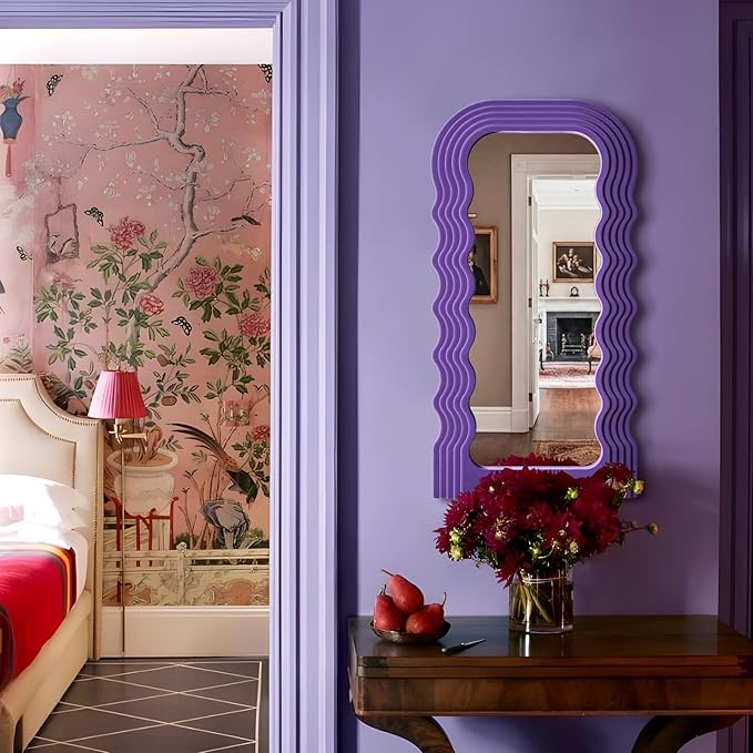 Wavy Wall Mirror for Girly Nursery Bedroom Decoration, 14x28 Noble Decorative Funky Mirrors for Modern Classical Home Office Living Room Housewarming Birthday Gift (Purple)