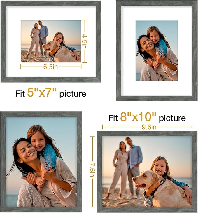 Vittanly 8x10 Picture Frames Set of 4, Display Pictures 5x7 with Mat or 8x10 without Mat, Gallery Frame Set for Wall or Tabletop Display, Engineered Wood with Shatter Resistant Plexiglass, Slate Grey