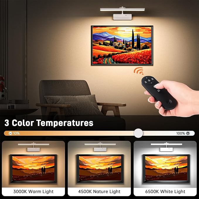 Picture Light, 15.35inch Wireless Picture Lights for Wall Rechargeable, 5400mAh Battery Wall Light with Remote, 3 Color Art Lighting for Paintings with Timer and Dimmable for Display, Gallery (White)