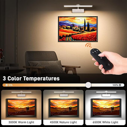 Picture Light, 15.35inch Wireless Picture Lights for Wall Rechargeable, 5400mAh Battery Wall Light with Remote, 3 Color Art Lighting for Paintings with Timer and Dimmable for Display, Gallery (White)