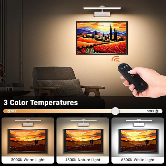 Picture Light, 15.35inch Wireless Picture Lights for Wall Rechargeable, 5400mAh Battery Wall Light with Remote, 3 Color Art Lighting for Paintings with Timer and Dimmable for Display, Gallery (White)