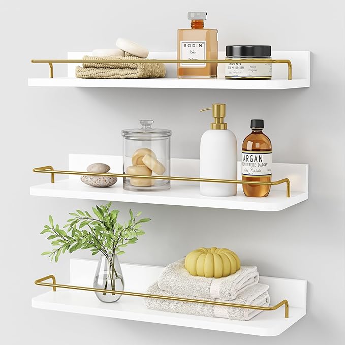 Forbena Gold Floating Shelves for Wall Decor Set of 3, Bathroom Shelves Over Toilet, Modern Display Wall Shelf with Guard Rail for Living Room Bedroom Organizers and Storage - White and Gold