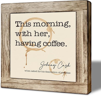 This Morning With Her Having Coffee Wooden Box Sign, Coffee Stains Decor Sign, Rustic Wooden Cafe Table Top Decor, Freestanding Cafe Decoration 5.9X5.9 Inches