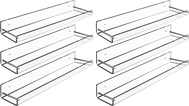 AMT 6 Pack Acrylic Floating Shelves, 15" L x 3.25" W, Clear Bathroom Wall Shelf, Bookshelves, Invisible Display for Office, Bedroom, Small Gap Allows Water to Escape, Free Screws & Drill Bit (Medium)