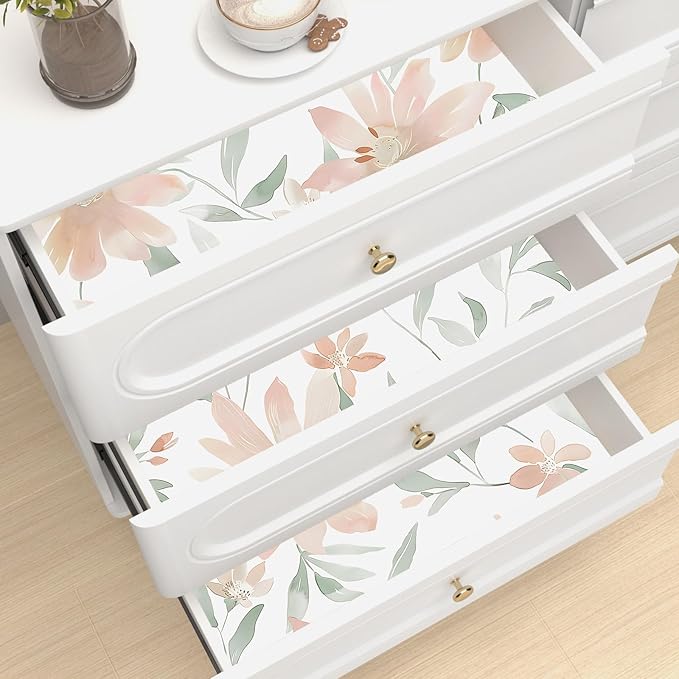 Floral Wallpaper Peel and Stick Vintage Flowers Contact Paper 17.5" x 118" Pink Floral Wallpaper Vinyl Waterproof Self Adhesive Boho Leaf Modern Wall Paper for Bedroom Cabinet Countertop Decor