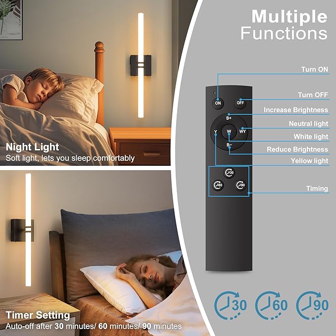 Battery Operated Wall Sconce 1Pack, Black Rechargeable Wall Lights with Dimmable Remote Control, 22 Inch 3000K-6000K LED Wireless Wall Lamps for Bedroom, Hallway, Background Wall