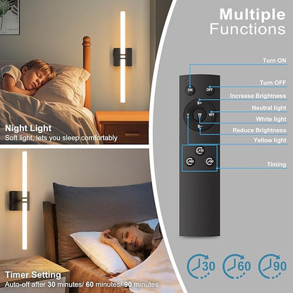 Battery Operated Wall Sconce 1Pack, Black Rechargeable Wall Lights with Dimmable Remote Control, 22 Inch 3000K-6000K LED Wireless Wall Lamps for Bedroom, Hallway, Background Wall