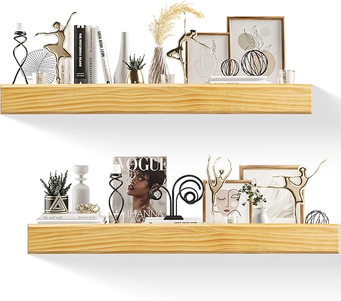 32 Inch Picture Ledge Shelf with Lip,Floating Shelves for Wall, Set of 2 Solid Pine Wood Shelves with Invisible Brackets, Wall Storage for Living Room, Bedroom, Kitchen, Bathroom(Nature Wood)