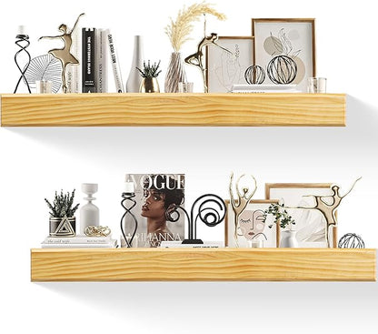 32 Inch Picture Ledge Shelf with Lip,Floating Shelves for Wall, Set of 2 Solid Pine Wood Shelves with Invisible Brackets, Wall Storage for Living Room, Bedroom, Kitchen, Bathroom(Nature Wood)