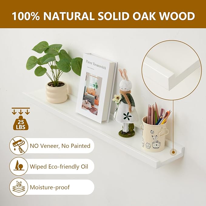 Oak Floating Shelves White for Wall 24 Inch (Upgrade Width 6