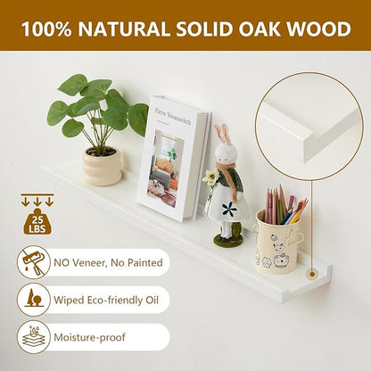 Oak Floating Shelves White for Wall 12 Inch (Upgrade Width 6"), Natural Wood Wall Shelves Display Picture Ledge Shelf for Living Room Bedroom Bathroom Kitchen Office Decor and Storage