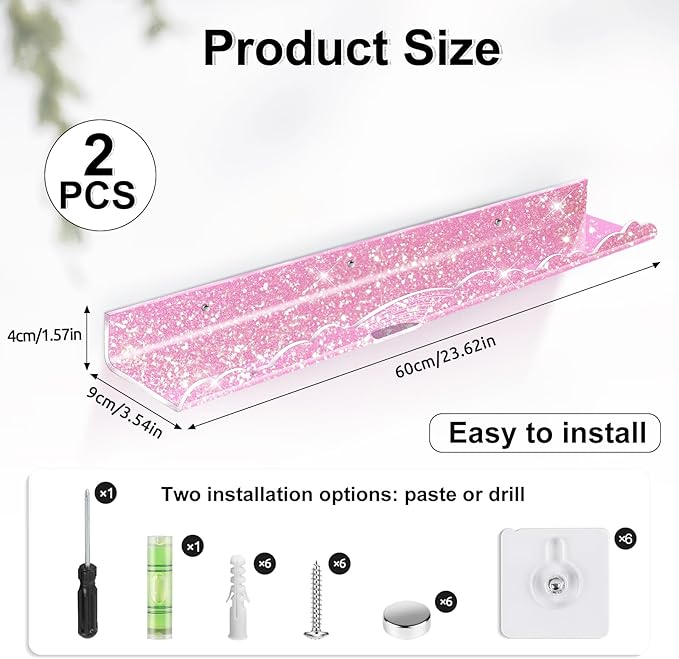 Rainbow Glitter Acrylic Floating Shelves, 23.6