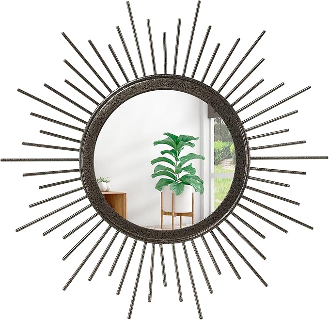 Large Sunburst Wall Mirror, Round Home Modern Metal Art Mirror for Bathroom Living Room Hallway Bedroom Balcony Farmhouse 24