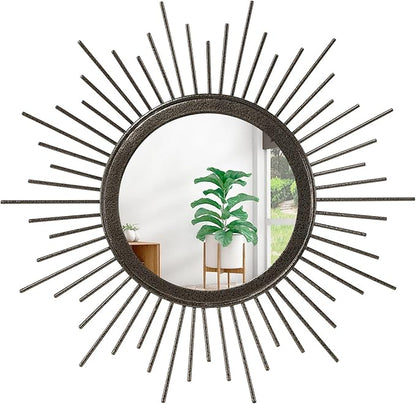 Large Spoked Sunburst Wall Mirror Boho Home Decor Round Wall Art Mirror Modern Metal Mirrors for Wall Living Room Vanity Bathroom Bedroom Hallway Balcony Entryway 16"