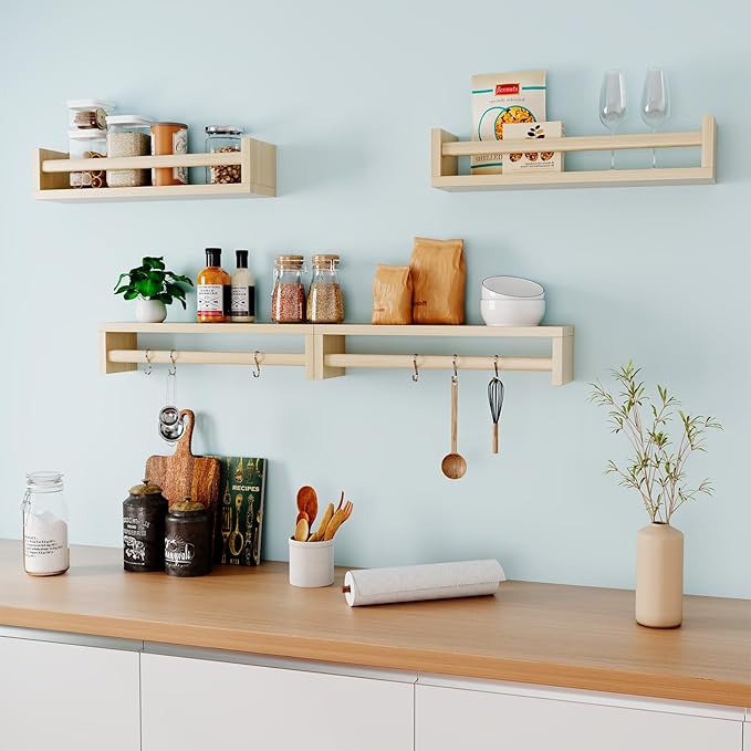 Nursery Shelves, Floating Bookshelves for Wall Set of 4, Baby Nursery Decor, Solid Wood Wall Mounted Shelves for Books (Natural Wood)