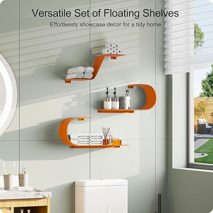 Orange Floating Shelves Set of 3, Orange Metal Decor, Unique Mounted Floating Shelf, Modern Long Wall Shelf, Large Wall Shelves for Bedroom, Bathroom, Living Room