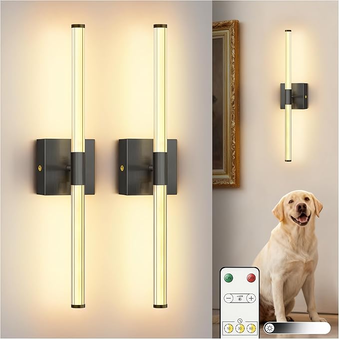 L LOHAS LED Battery Operated Wall Sconces Set of 2, 10000mAh Black Battery Wall Sconce 360 Full Lighting, 3000K Dimmable Wireless Wall Light, Sconce Wall Decor for Bathroom, Bedroom, Living Room, 24in