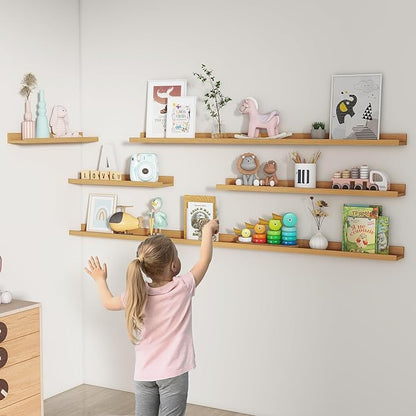 Picture Ledge Shelf, Floating Shelves Set of 2, 48 Inches Long Large Nursery Book Shelves for Toys Storage, Kids Bookshelf Wall Mounted for Living Room Bedroom Decor Books Photo Frames, Natural Oak