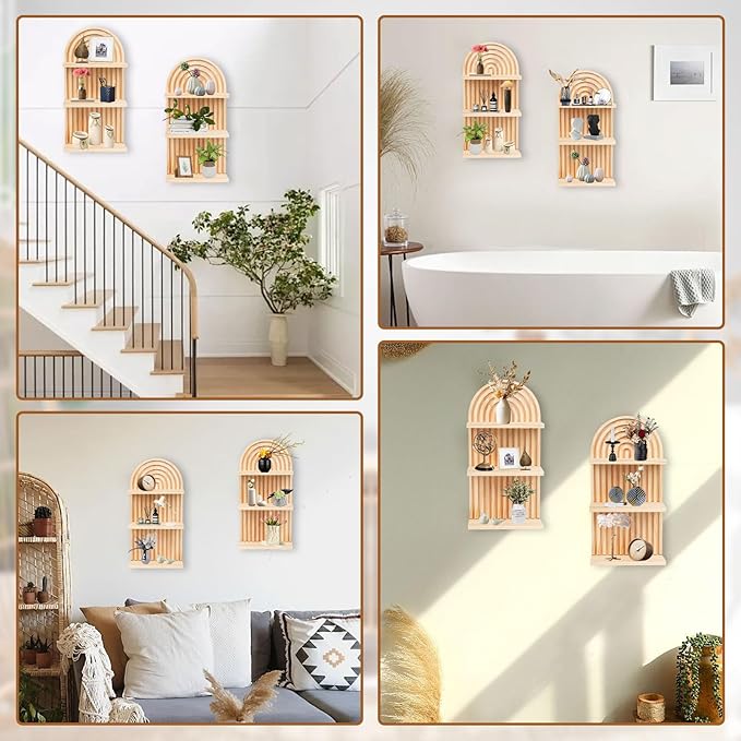 2 Pieces Boho Wall Shelf,3 Tier Bohemian Floating Shelves, Arch Wooden Mid Century Shelves Decorative Rainbow Hanging Shelves,Wall Mounted Wood ArchWall Decor for Living Room Display (01)