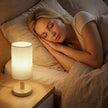 Touch Bedside Table Lamp-3 Color Temperatures & Stepless Dimming with USB Plug,Natural Round Wood Base&Linen Fabric Shade|Minimalist Boho Nightstand Lamp for Bedroom,Nursery,Kitchen,Dorm,Small Spaces