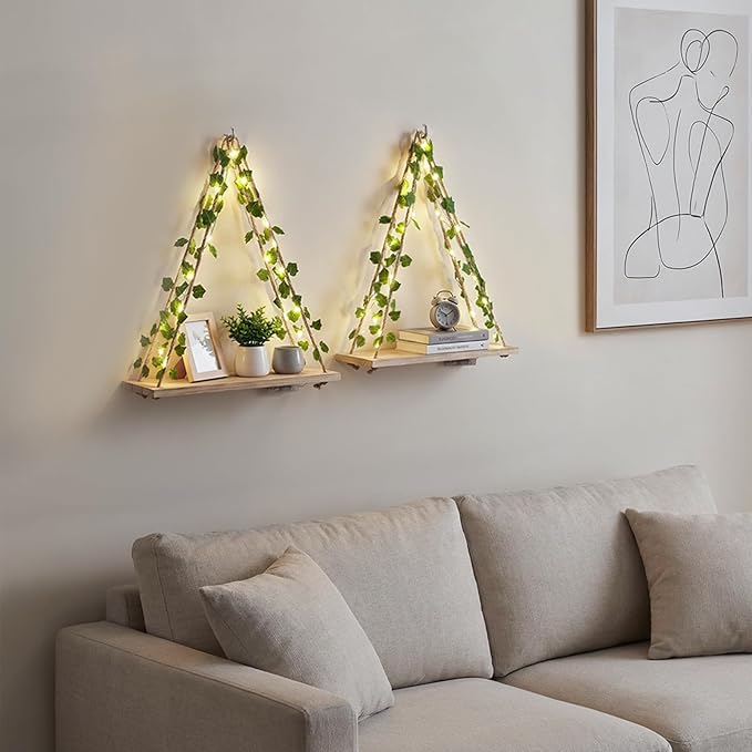 RICHER HOUSE Artificial Ivy LED-Strip Wall Hanging Shelves, Macrame Shelf for Bedroom Bathroom Living Room Kitchen, Wood Hanging Plant Shelves for Wall Décor