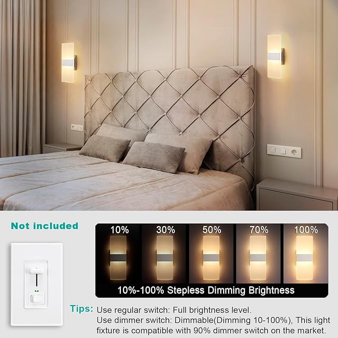 TRLIFE Modern Wall Sconces Set of 2, Dimmable LED Wall Sconce 12W 3000K Warm White Hardwired Wall Sconce Lighting for Bedroom, Bathroom, Living Room, Porch, Staircase, Cafe, Hotel (2 Pack)