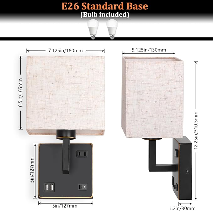 AVV Wall Sconce Lighting, Bedside Wall Mount Light with USB Port, AC Outlet and 3 Color 2700K/4000K/5000K Selectable, Fabric Linen Shade, Wall Lamps for Bedroom Living Room Hotel, Hardwire, Black, 2PK