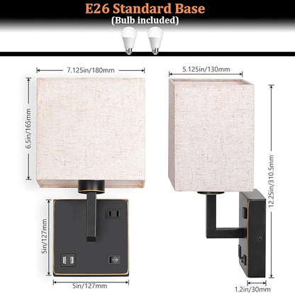 AVV Wall Sconce Lighting, Bedside Wall Mount Light with USB Port, AC Outlet and 3 Color 2700K/4000K/5000K Selectable, Fabric Linen Shade, Wall Lamps for Bedroom Living Room Hotel, Hardwire, Black, 2PK