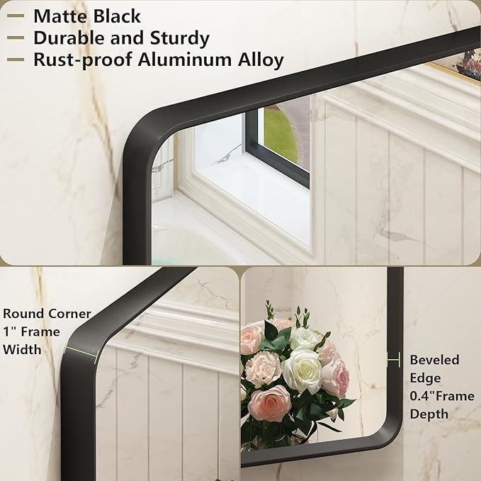 OKPAL Black Bathroom Mirror for Wall, 55X30 Inch Bathroom Vanity Mirror for Over 2 Sink, Metal Frame Rectangle Mirror, Rounded Corner, Anti-Rust, Shatterproof