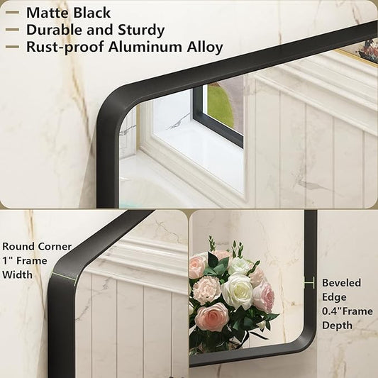 OKPAL 66X36 Inch Black Bathroom Mirror for Wall, Bathroom Vanity Frame Mirror, Matte Black Rectangle Mirror, Round Corner, Rustproof, Shatter-Proof (Horizontal/Vertical)