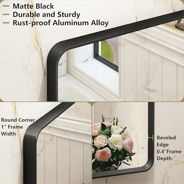 OKPAL 40X32 Inch Black Metal Frame Bathroom Mirror for Wall, Matte Black Vanity Bathroom Mirror, Black Rounded Rectangle Mirror, Rustproof, Shatter-Proof, Hangs Horizontally or Vertically