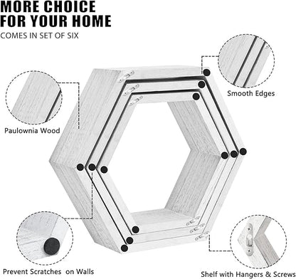 NORCEESAN Hexagon Floating Shelves Set of 6 Honeycomb Shelves Wooden Farmhouse Hexagonal Shelf for Wall Decor Hanging Shelves Honeycomb Storage Shelf for Bedroom Living Room Nursery, Grey-White