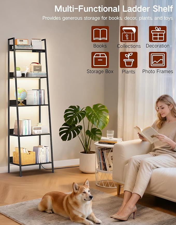 5-Tier Small Ladder Shelf with LED Lights, Touch & Remote Control, 3 Color Temperatures, Dimmable Tall Corner Standing Bookcase, Metal Wood Display Shelf for Living Room, Bedroom(Black)