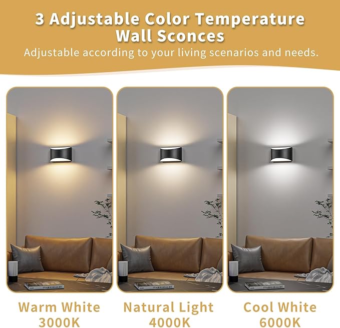 TingMiao Black Modern LED Wall Sconce, 3 Colors Indoor Wall Lights, 10W Hardwired Up and Down Aluminum Wall Mount Lamp for Bedroom Living Room Hallway Corridor (Black, 1 Pack)