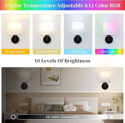Wireless Wall Sconce Set of 2,Battery Operated Wall Lights with Remote Control,Rechargeable Wall Sconces with LED Bulb,15 Colours Dimmable Wall Lamp for Bedroom Living Room Hallway