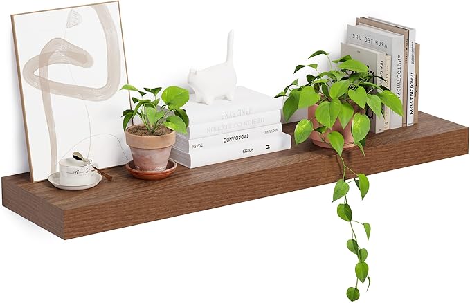 Heimlove 12 Inch Deep Floating Shelves, 48 x 12 inches Long Wall Shelf, Rustic Wood Wall Shelves for Fireplace Mantel, Set of 1 (Walnut)